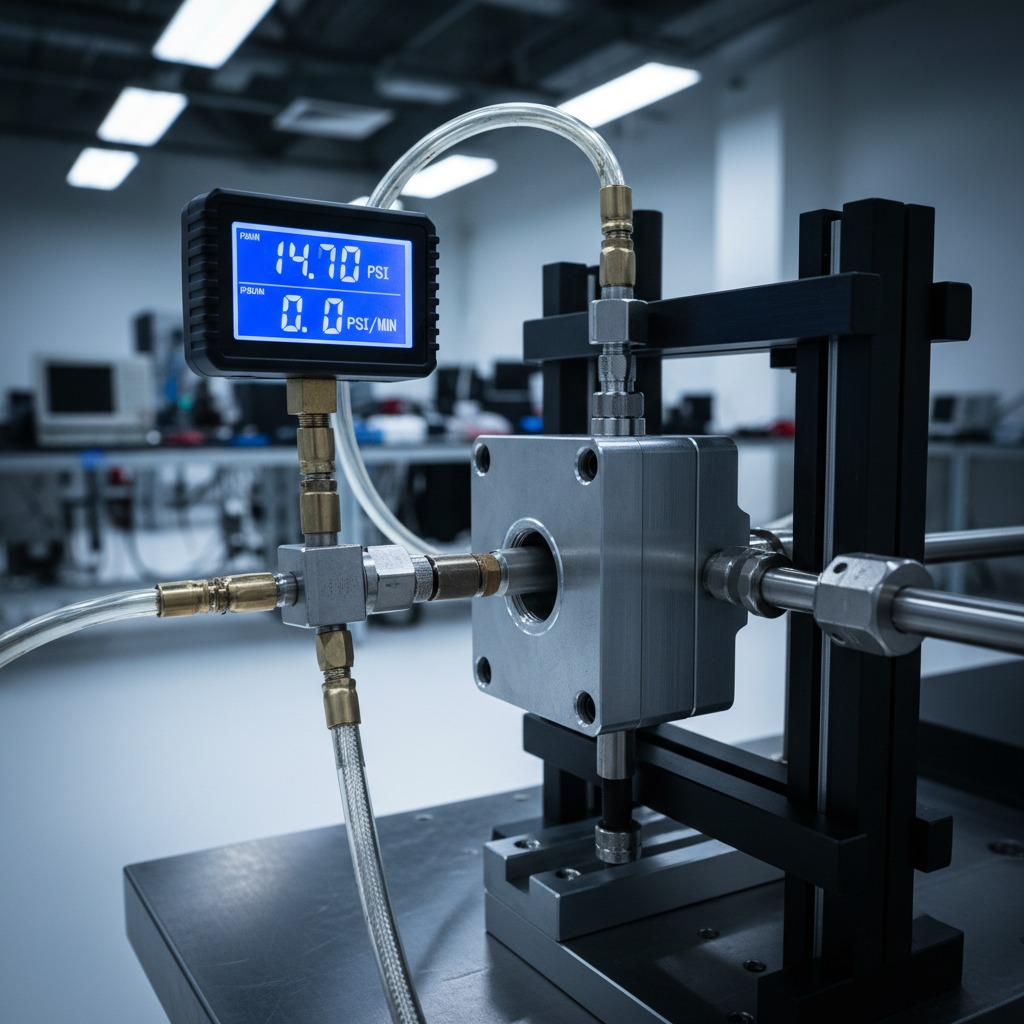 Equipamento de laboratório com um medidor digital de pressão conectado a um bloco de metal por tubulações.
