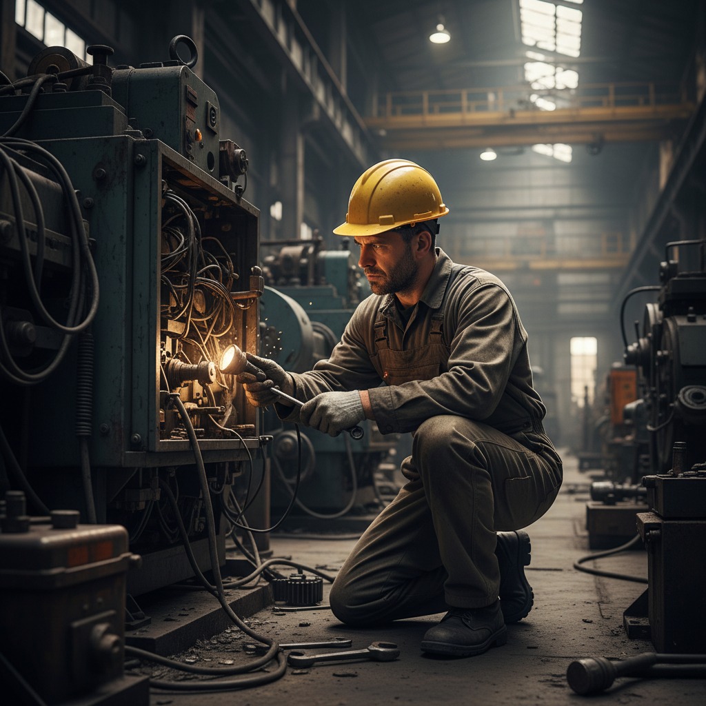 Operário de capacete amarelo agachado conserta o painel elétrico de uma máquina industrial com o auxílio de uma lanterna.