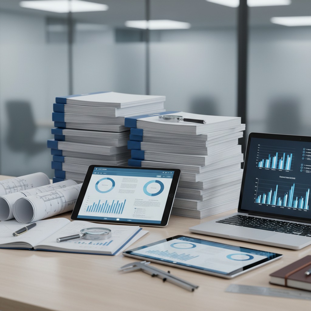 Mesa de escritório com pilhas de documentos, tablets e um laptop exibindo gráficos de análise de dados.