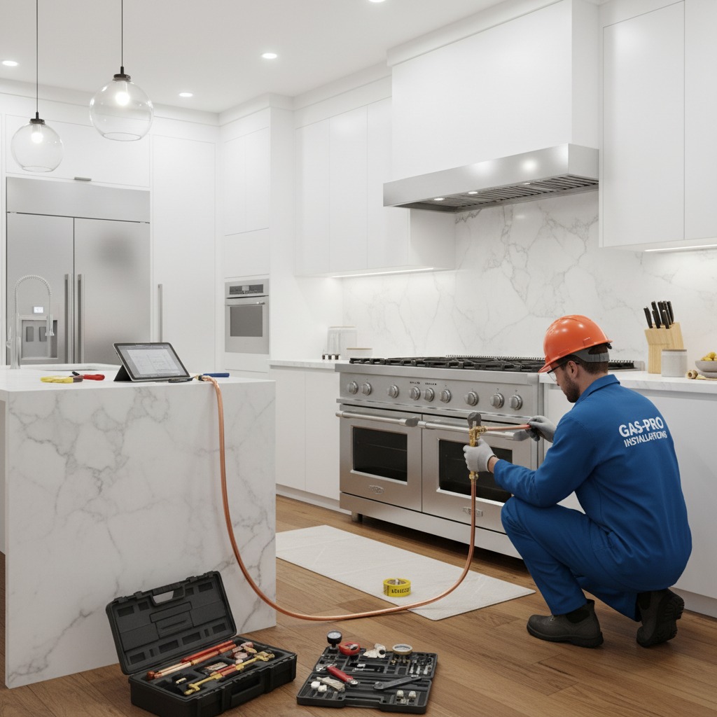Técnico de instalação de gás uniformizado realiza a manutenção de um fogão em uma cozinha moderna.